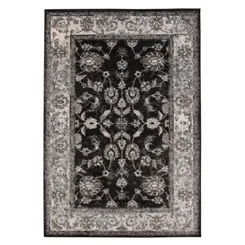 5' X 8' Ivory Black and Gray Floral Power Loom Area Rug