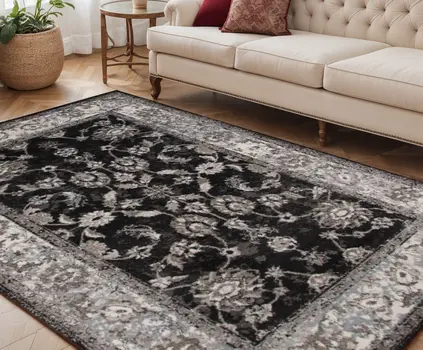 5' X 8' Ivory Black and Gray Floral Power Loom Area Rug