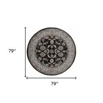 6' Ivory Black and Gray Floral Power Loom Round Rug