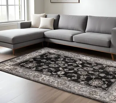 8' X 10' Ivory Black and Gray Oriental Power Loom Area Rug