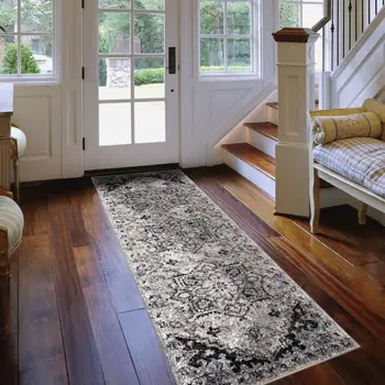 6' Black And Gray Medallion Runner Rug