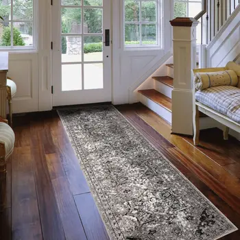 10' Black and Gray Medallion Power Loom Runner Rug