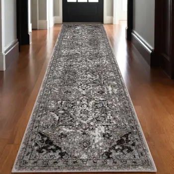10' Black and Gray Medallion Power Loom Runner Rug