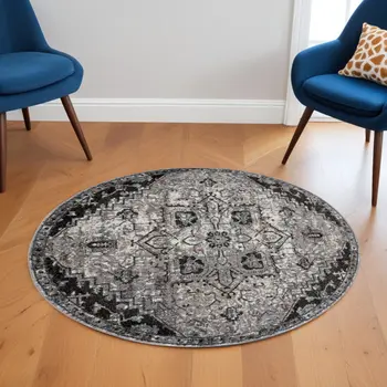 6' Black And Gray Medallion Round Rug