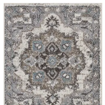 6' Ivory Taupe and Gray Medallion Power Loom Runner Rug