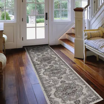 10' Ivory Taupe and Gray Medallion Power Loom Runner Rug