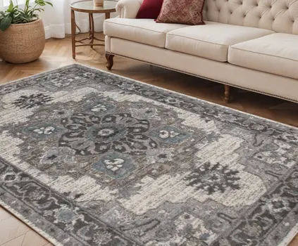 5' X 8' Ivory Taupe and Gray Medallion Power Loom Area Rug