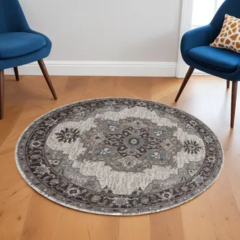 6' Ivory Taupe and Gray Medallion Power Loom Round Rug