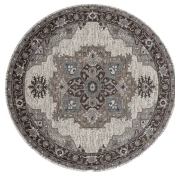 6' Ivory Taupe and Gray Medallion Power Loom Round Rug
