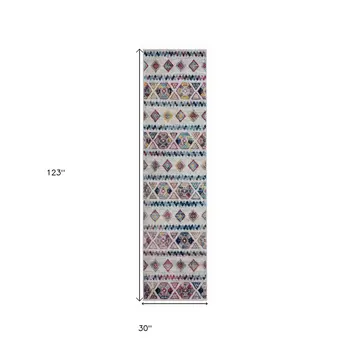 10' Ivory Blue and Orange Geometric Power Loom Runner Rug