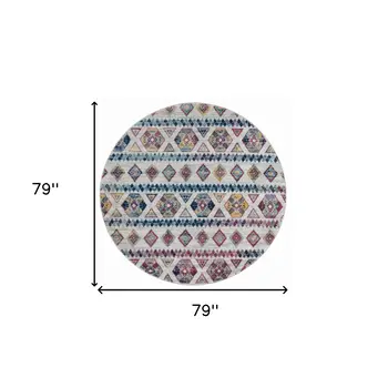 6' Ivory Blue and Orange Geometric Power Loom Round Rug