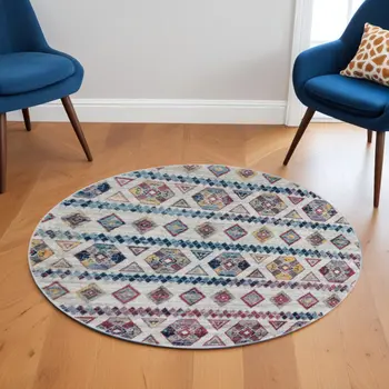 6' Ivory Blue and Orange Geometric Power Loom Round Rug