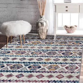 8' X 10' Ivory Blue and Orange Geometric Power Loom Area Rug