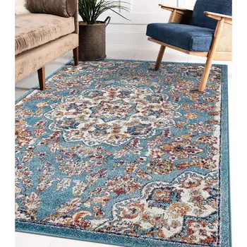 4' X 6' Ivory Blue and Orange Medallion Power Loom Area Rug