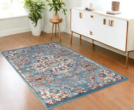 4' X 6' Ivory Blue and Orange Medallion Power Loom Area Rug