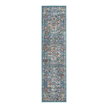 10' Ivory Blue and Orange Medallion Power Loom Runner Rug