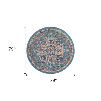 6' Ivory Blue and Orange Medallion Power Loom Round Rug