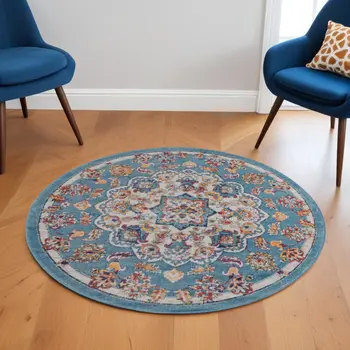 6' Ivory Blue and Orange Medallion Power Loom Round Rug
