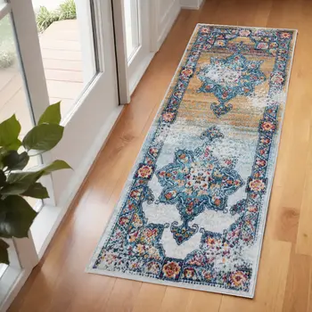 6' Blue Red and Orange Medallion Power Loom Runner Rug
