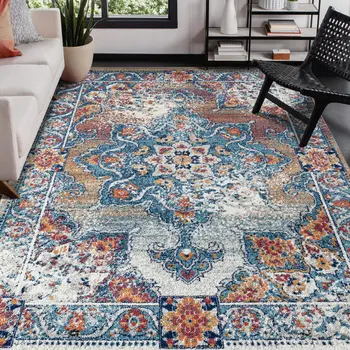4' X 6' Blue Red and Orange Medallion Power Loom Area Rug