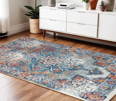 4' X 6' Blue Red and Orange Medallion Power Loom Area Rug