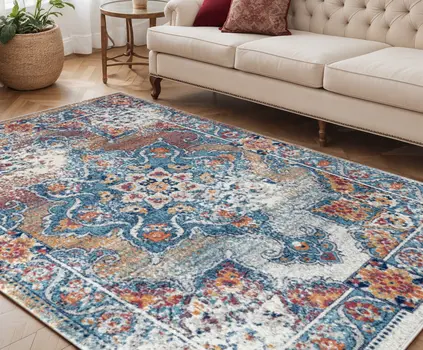 5' X 8' Blue Red and Orange Medallion Power Loom Area Rug