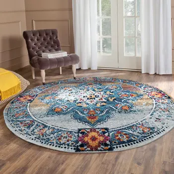 6' Blue Red and Orange Medallion Power Loom Round Rug