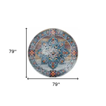 6' Blue Red and Orange Medallion Power Loom Round Rug