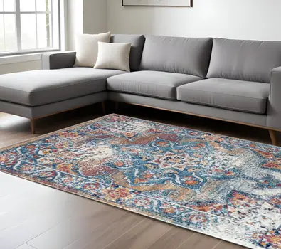 9' X 12' Blue Red and Orange Medallion Power Loom Area Rug
