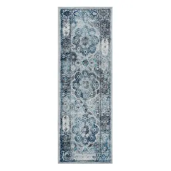 6' Ivory Blue And Gray Medallion Runner Rug