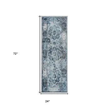 6' Ivory Blue And Gray Medallion Runner Rug