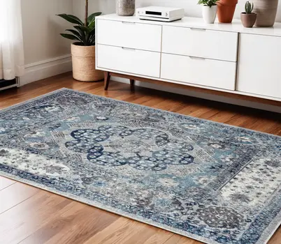 4' X 6' Ivory Blue And Gray Medallion Area Rug