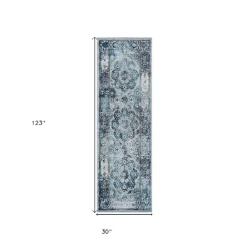 10' Ivory Blue And Gray Medallion Runner Rug