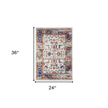 2' X 3' Ivory Navy and Orange Floral Power Loom Area Rug