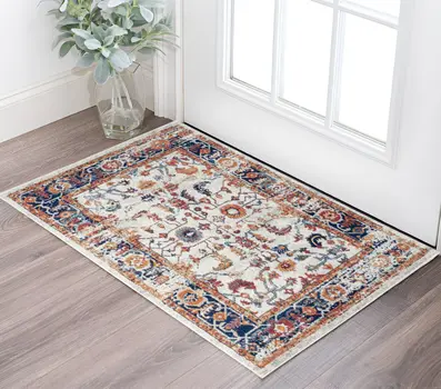 2' X 3' Ivory Navy and Orange Floral Power Loom Area Rug