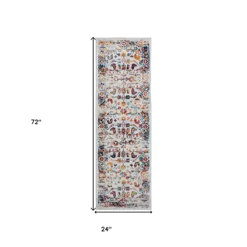 6' Ivory Navy and Orange Floral Power Loom Runner Rug