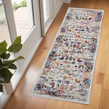 6' Ivory Navy and Orange Floral Power Loom Runner Rug