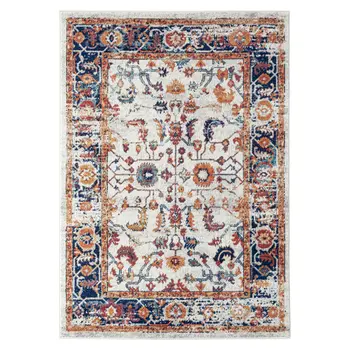 4' X 6' Ivory Navy and Orange Floral Power Loom Area Rug