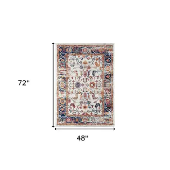 4' X 6' Ivory Navy and Orange Floral Power Loom Area Rug