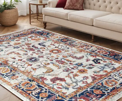 5' X 8' Ivory Navy and Orange Floral Power Loom Area Rug