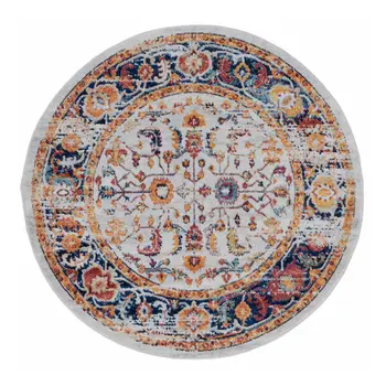 6' Ivory Navy and Orange Floral Power Loom Round Rug