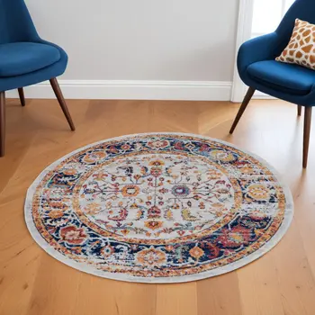 6' Ivory Navy and Orange Floral Power Loom Round Rug