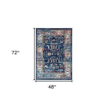 4' X 6' Blue Rust and Orange Floral Power Loom Area Rug