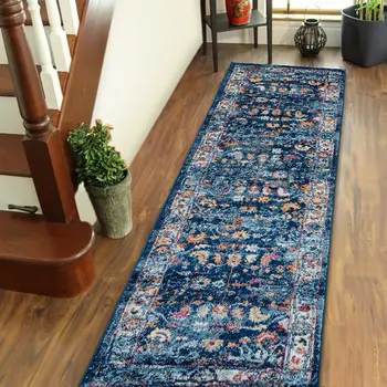 10' Blue Rust and Orange Oriental Power Loom Runner Rug