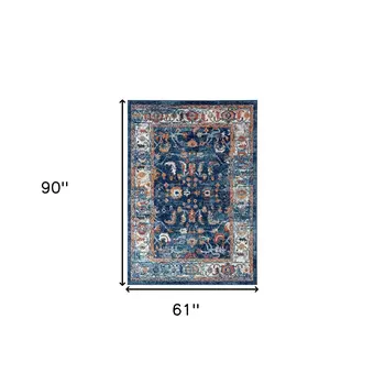 5' X 8' Blue Rust and Orange Oriental Power Loom Area Rug