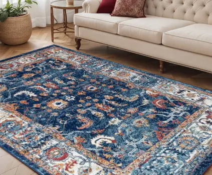 5' X 8' Blue Rust and Orange Oriental Power Loom Area Rug