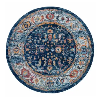 6' Blue Rust and Orange Oriental Power Loom Round Rug