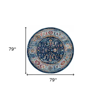 6' Blue Rust and Orange Oriental Power Loom Round Rug