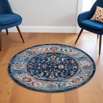 6' Blue Rust and Orange Oriental Power Loom Round Rug