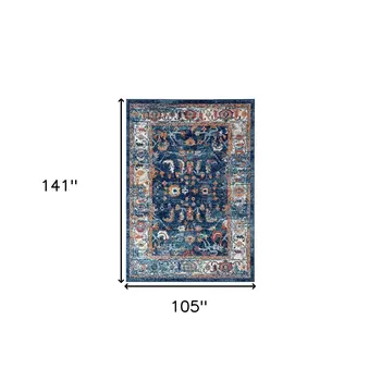 9' X 12' Blue Rust and Orange Oriental Power Loom Area Rug